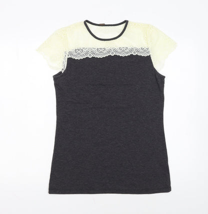 Poof Women's Grey Lace Short Sleeve T-Shirt Size L
