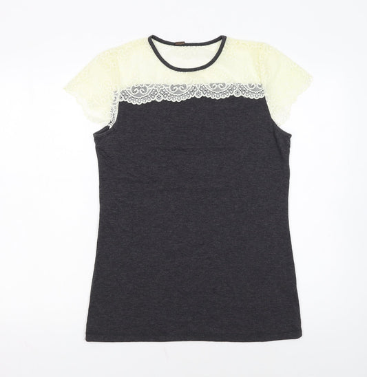 Poof Women's Grey Lace Short Sleeve T-Shirt Size L