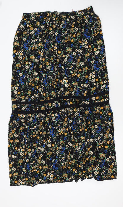 Superdry Womens Black Floral Midi Peasant Skirt Size 14 Viscose