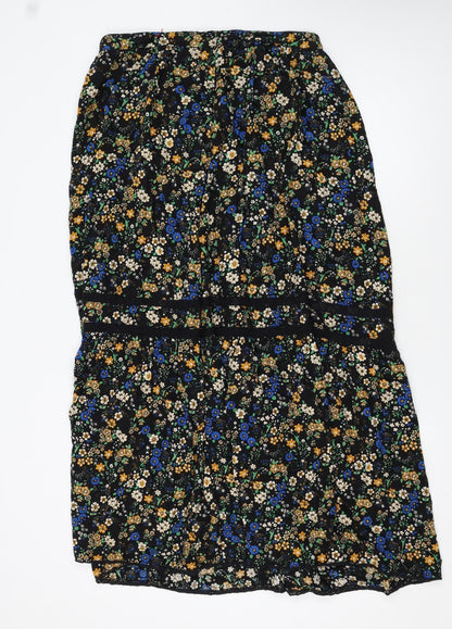 Superdry Womens Black Floral Midi Peasant Skirt Size 14 Viscose
