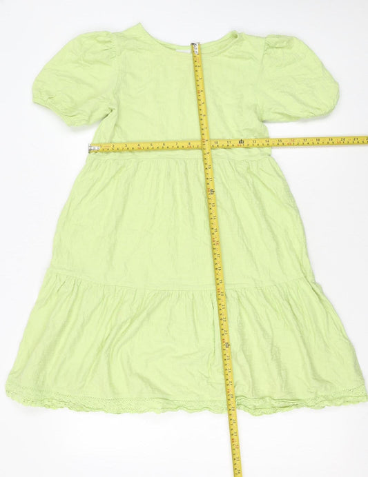 ZARA Girls Green Cotton A-Line Knee Length Puff Sleeve Dress 10 Years