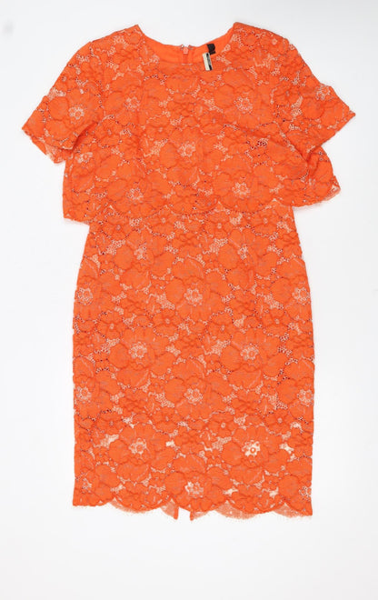Topshop Women Orange Lace Floral Sheath Dress Size 14