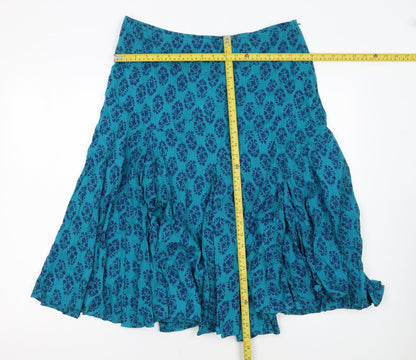 Monsoon Women Blue Floral A-Line Midi Skirt Size 14 Cotton