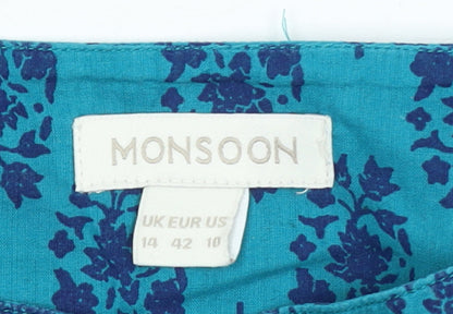 Monsoon Women Blue Floral A-Line Midi Skirt Size 14 Cotton
