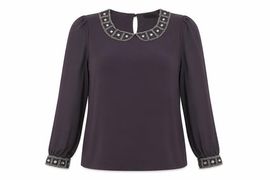 Wallis Women Purple Beaded Collar Long Sleeve Blouse UK 16