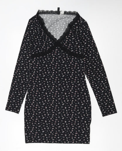 H&M Divided Women's Black Floral Bodycon Lace Detail Dress Size 8