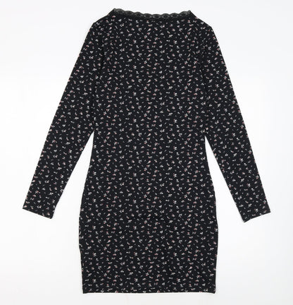 H&M Divided Women's Black Floral Bodycon Lace Detail Dress Size 8