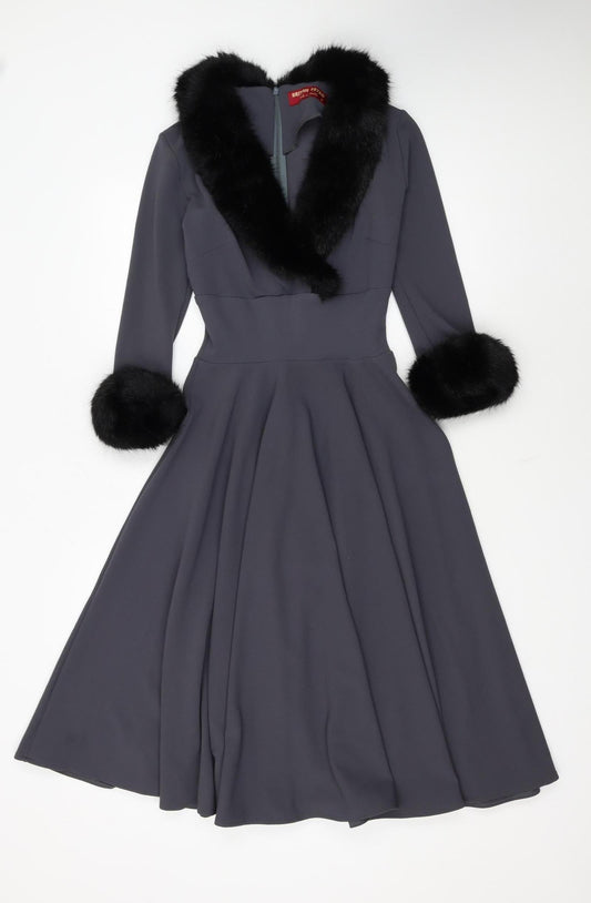 British Retro Women's Grey Fit & Flare Midi Dress Size 8 with Fur Trim