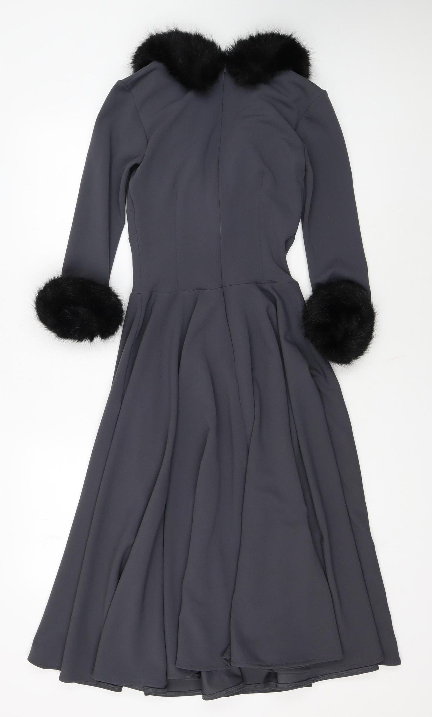 British Retro Women's Grey Fit & Flare Midi Dress Size 8 with Fur Trim