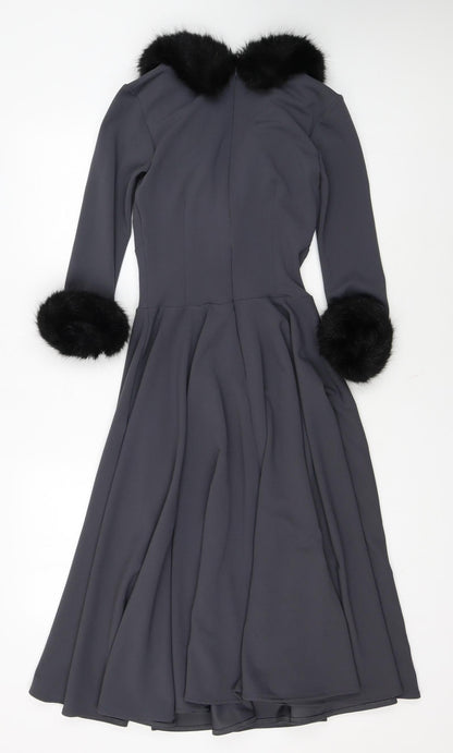 British Retro Women's Grey Fit & Flare Midi Dress Size 8 with Fur Trim