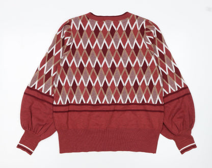 Next Women Red Argyle Knit Crew Neck Pullover Jumper Size 14