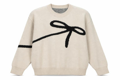 DAZY Women Beige Bow Knit Pullover Jumper L Crew Neck Acrylic Blend