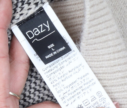 Dazy Women Beige Bow Knit Pullover Jumper L Crew Neck Acrylic Blend