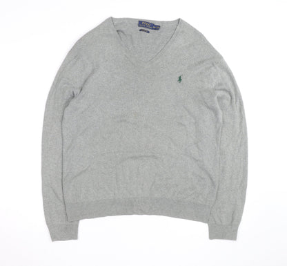 Ralph Lauren Men's Grey V-Neck Cotton Jumper Size M