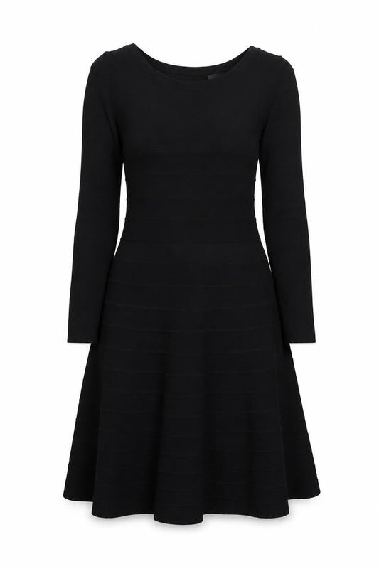 Front view of ESPRIT Women’s Black Knit Fit & Flare Dress, size M, Long Sleeve