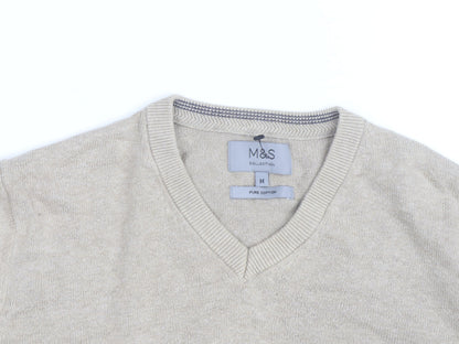 Marks and Spencer Men's Beige Cotton V-Neck Jumper Size M