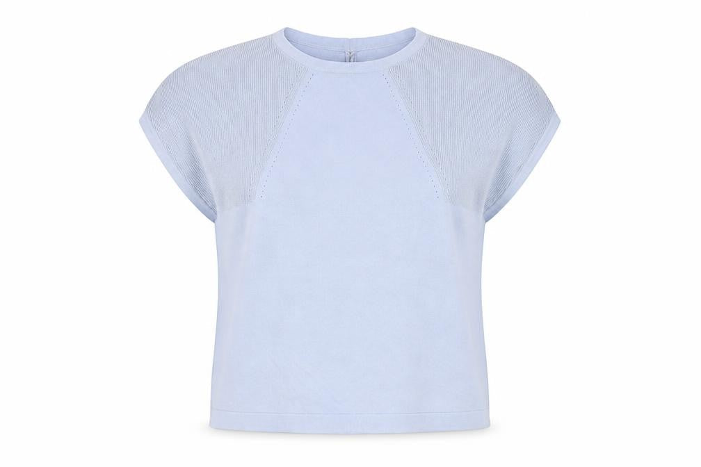 Oliver Bonas Women's Blue Knit Cotton Blend Short Sleeve Blouse UK 8