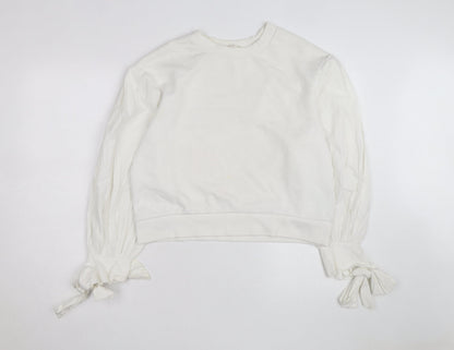 H&M Women’s White Puff Sleeve Bow Detail Cotton Jumper Size 12