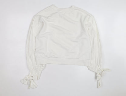 H&M Women’s White Puff Sleeve Bow Detail Cotton Jumper Size 12