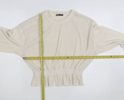 Zara Women Ivory Crew Neck Ribbed Knit Pullover Jumper Size 8