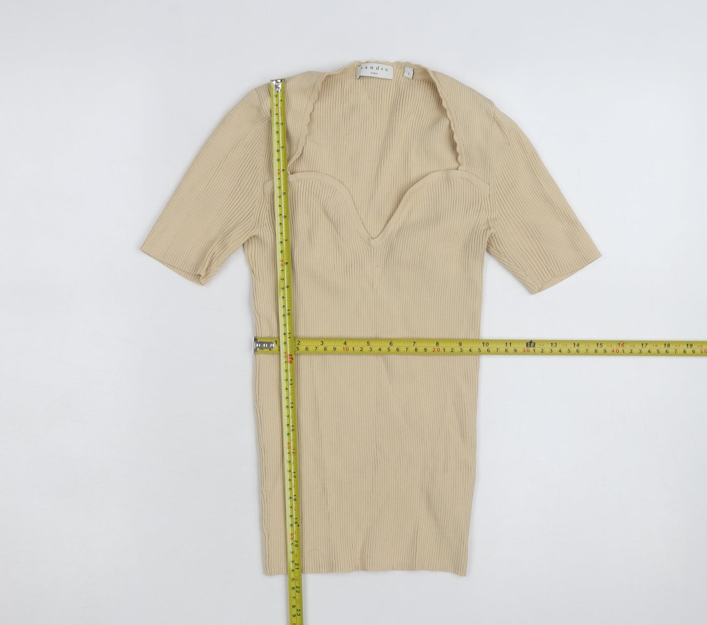 Sandro Paris Beige Rib Knit Sweetheart Neck Short Sleeve Women's Top Size 1