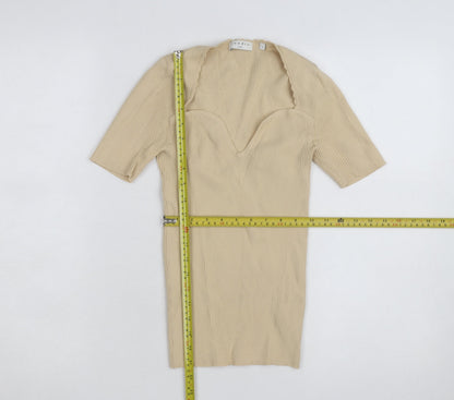 Sandro Paris Beige Rib Knit Sweetheart Neck Short Sleeve Women's Top Size 1