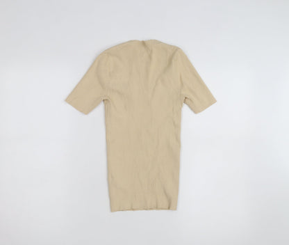 Sandro Paris Beige Rib Knit Sweetheart Neck Short Sleeve Women's Top Size 1