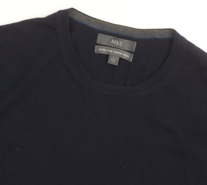 Marks and Spencer Men's Blue Merino Wool Crew Neck Jumper L