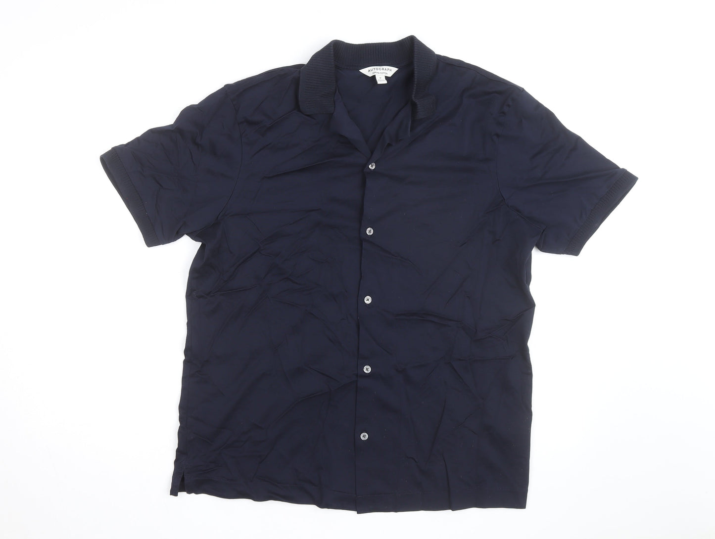 Marks and Spencer Autograph Men's Blue Supima Cotton Short Sleeve Button-Up Shirt M