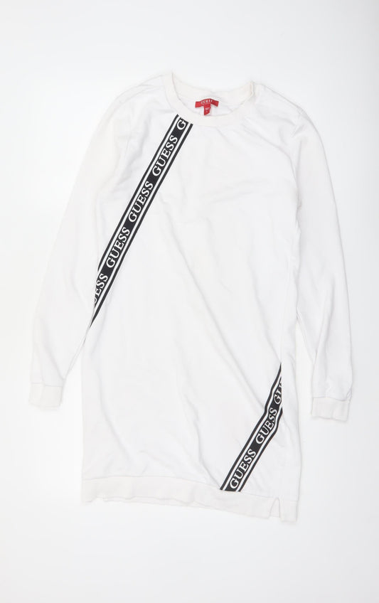 Guess Womens White Logo T-Shirt Dress Size S Casual Long Sleeve