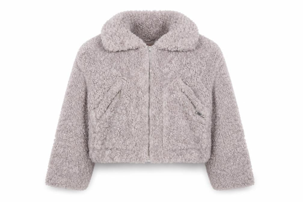 Misspap Women’s Grey Faux Shearling Cropped Bomber Jacket Size 12