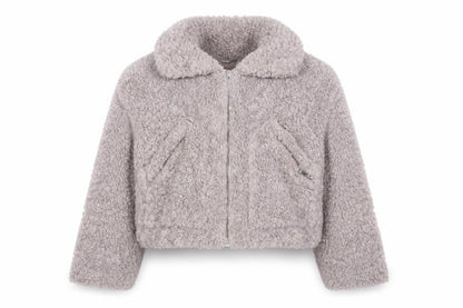 Misspap Women’s Grey Faux Shearling Cropped Bomber Jacket Size 12