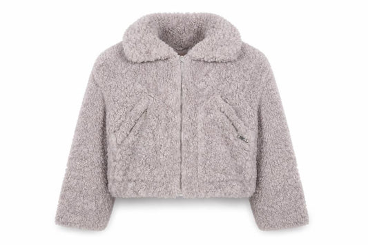Misspap Women’s Grey Faux Shearling Cropped Bomber Jacket Size 12