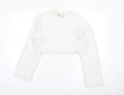 Zara Women White Crew Neck Cropped Knit Jumper Size 8