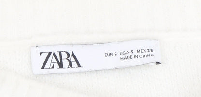 Zara Women White Crew Neck Cropped Knit Jumper Size 8