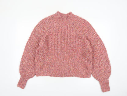 Next Women Pink High Neck Chunky Knit Wool Blend Jumper Size 8
