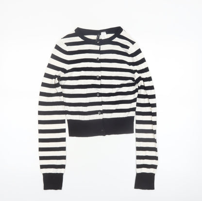 H&M Divided Womens Black White Striped Cardigan XXS Crew Neck