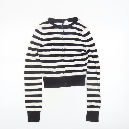 H&M Divided Womens Black White Striped Cardigan XXS Crew Neck