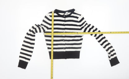 H&M Divided Womens Black White Striped Cardigan XXS Crew Neck