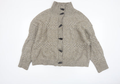 Cyrus Womens Beige Cable-Knit High Neck Button Cardigan Medium