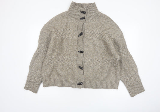 Cyrus Womens Beige Cable-Knit High Neck Button Cardigan Medium
