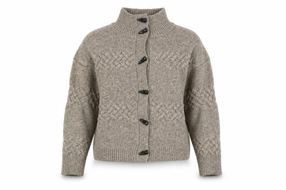 Cyrus Womens Beige Cable-Knit High Neck Button Cardigan Medium