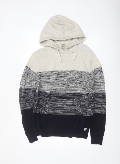Next Men's Grey Striped Hooded Cotton Knit Jumper Size L
