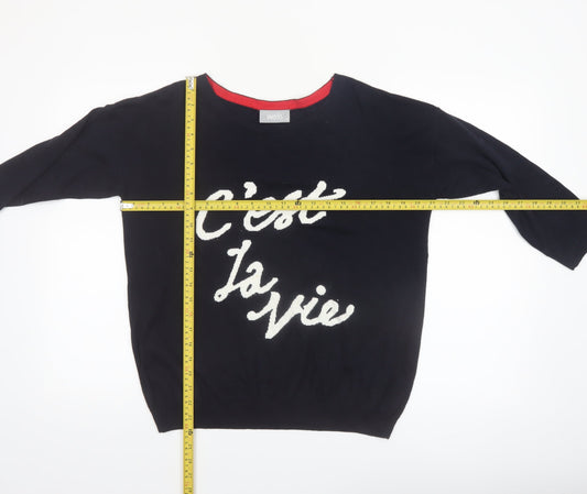 Wallis Women Black 'C'est La Vie' Knit Jumper M 3/4 Sleeve