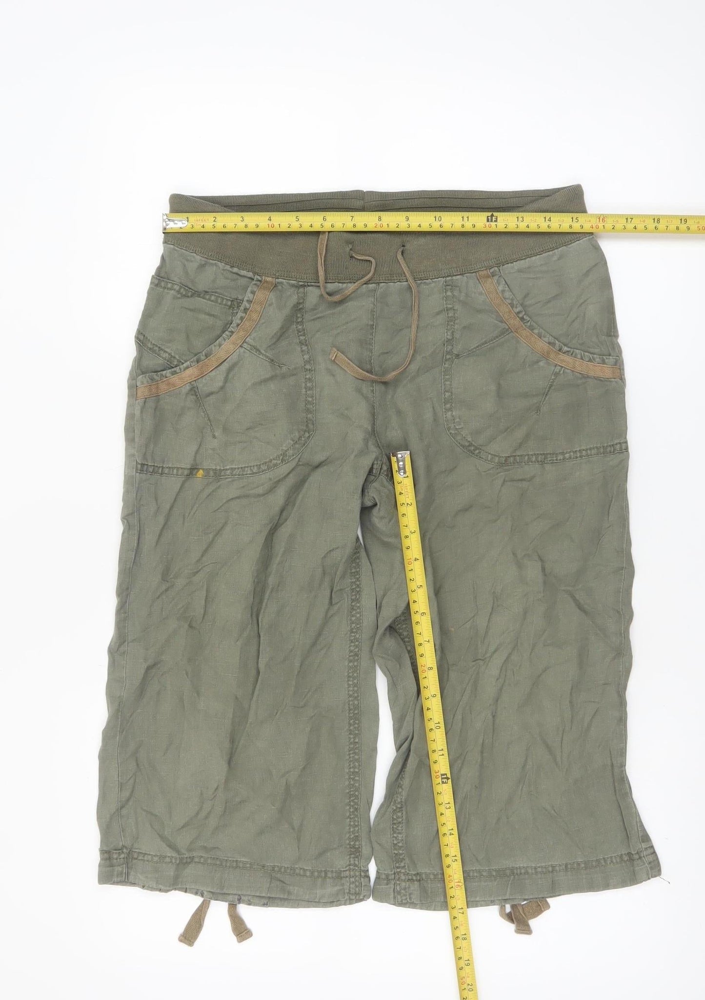 Fat Face Women's Green Linen Cargo Shorts Size 10 Drawstring Waist