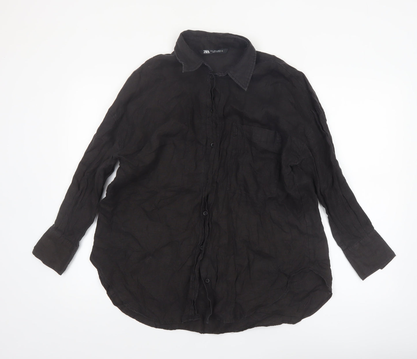 Zara Women Black Linen Long Sleeve Button-Up Shirt Size 10