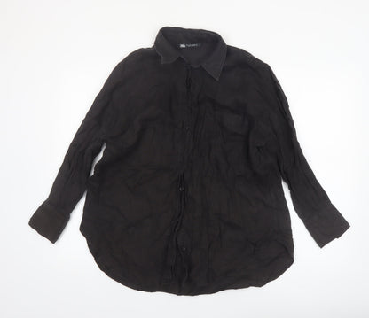 Zara Women Black Linen Long Sleeve Button-Up Shirt Size 10