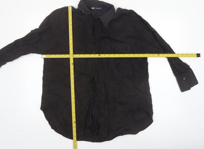 Zara Women Black Linen Long Sleeve Button-Up Shirt Size 10