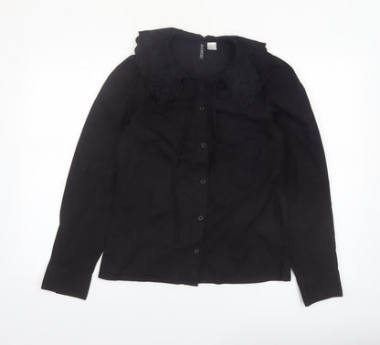 H&M Divided Women’s Black Cotton Embroidered Collar Long Sleeve Blouse XS