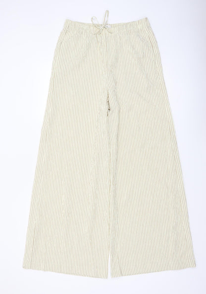 Marks and Spencer Women’s Beige Striped Wide-Leg Drawstring Trousers Size 10